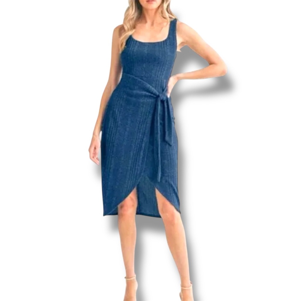 NWOT Lush Navy Midi Wrap Ribbed Dress with Tie Waist Stretchy Knit Size Small